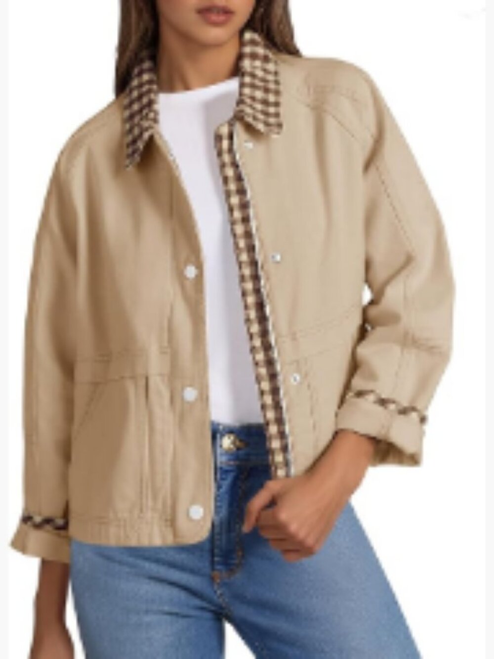 Lightweight Cropped Jacket 100% Cotton Casual Zip Up Plaid Outerwear